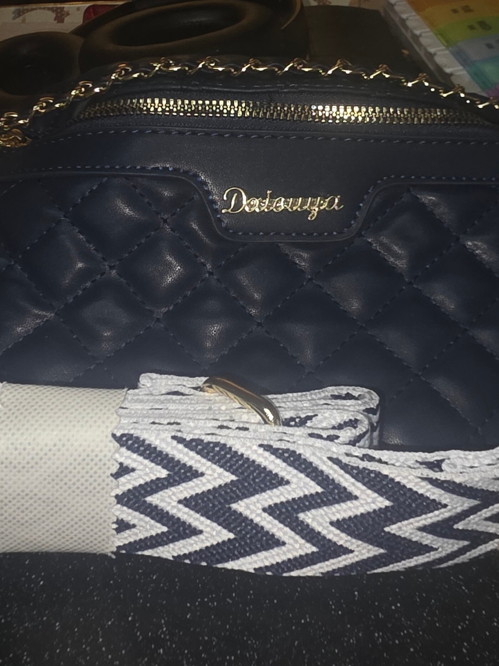 Quilted Navy Crossbody Bag with Gold Hardware